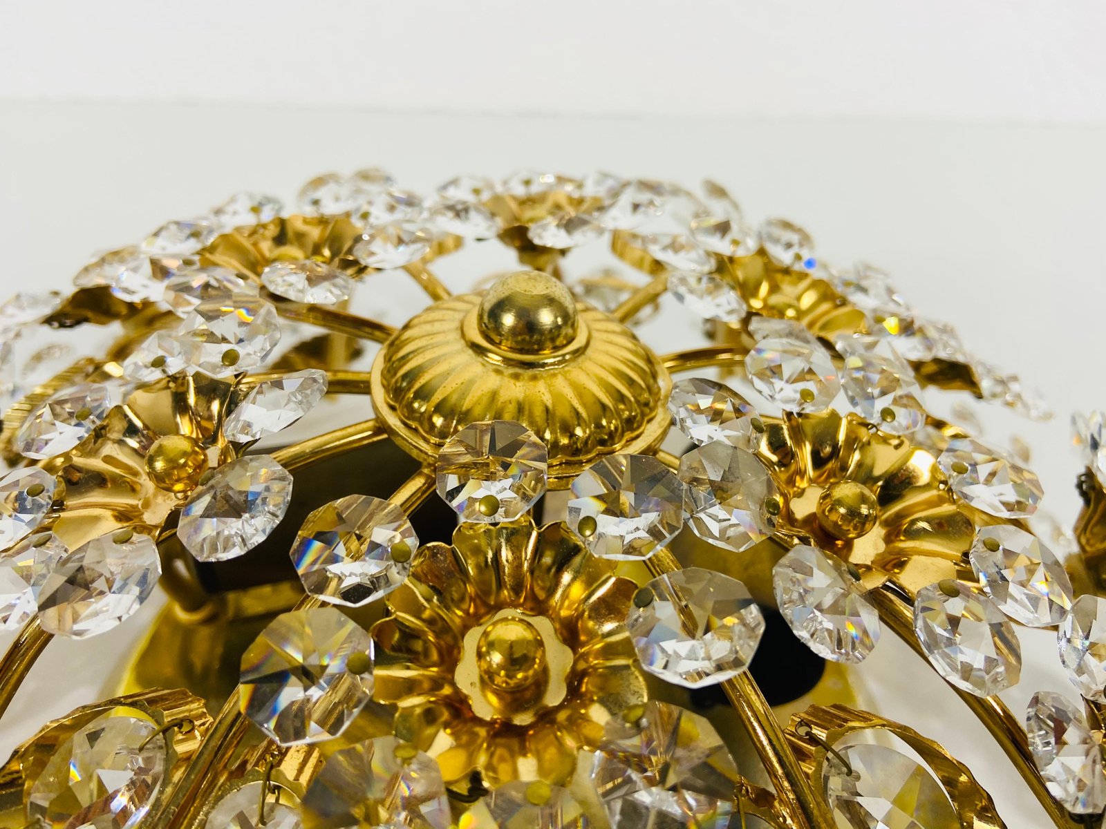 Gilt Brass and Crystal Glass Flush Mount from Palwa, Germany, 1970s