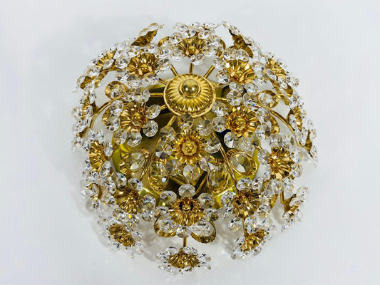 Gilt Brass and Crystal Glass Flush Mount from Palwa, Germany, 1970s