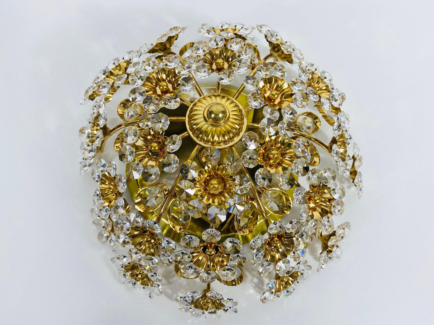 Gilt Brass and Crystal Glass Flush Mount from Palwa, Germany, 1970s