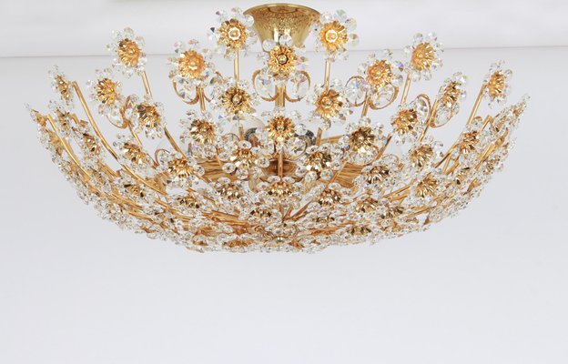 Gilt Brass and Cut-Glass Flower Chandelier from Palwa, Germany, 1970s-UGR-1085349