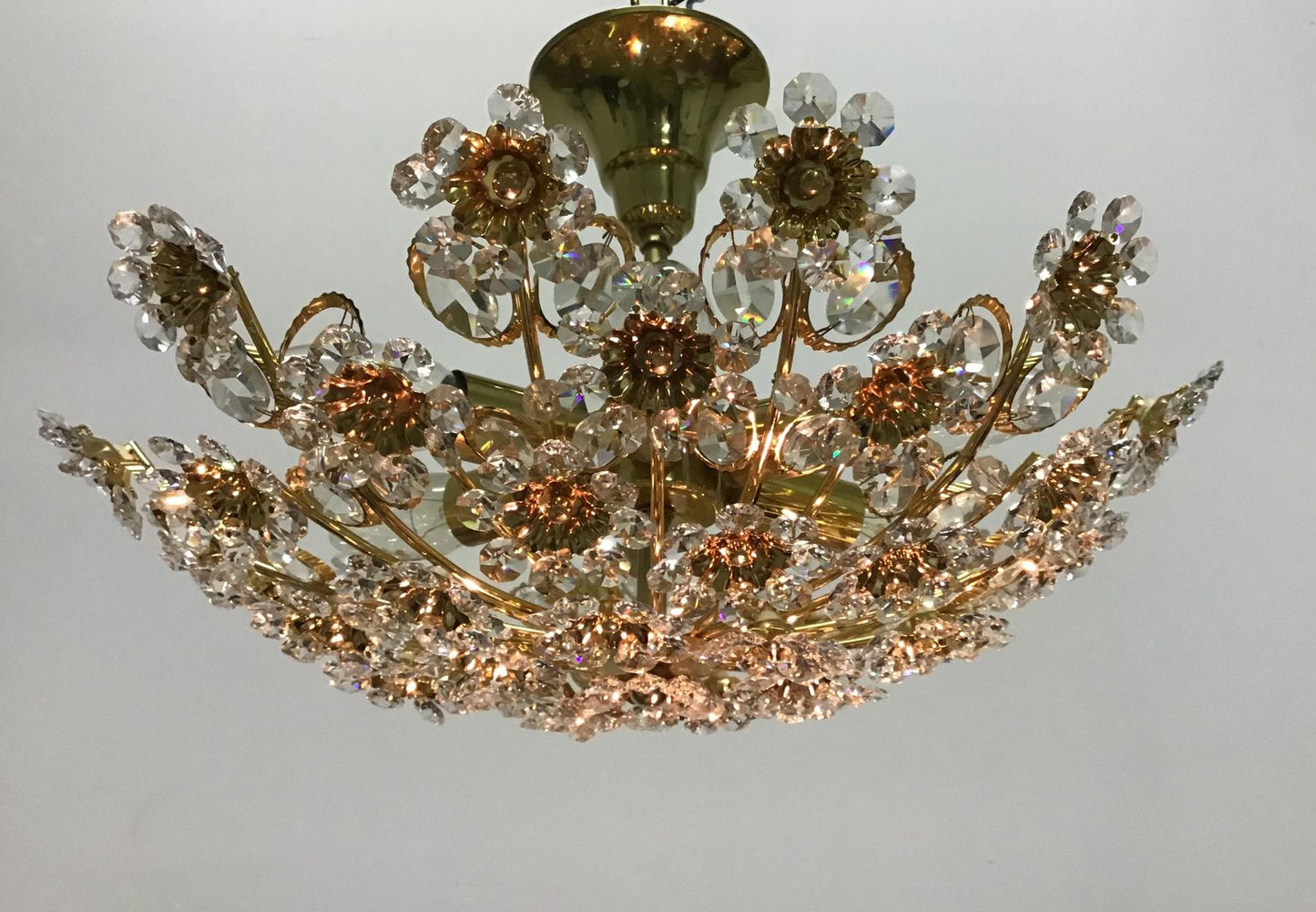 Gilt Brass & Crystal Flower Chandelier from Palwa, 1960s