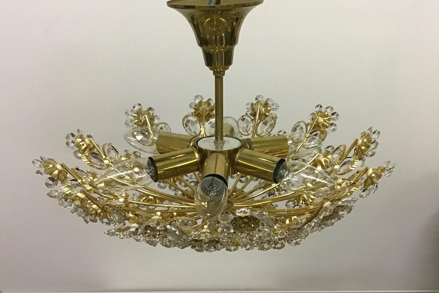 Gilt Brass & Crystal Flower Chandelier from Palwa, 1960s