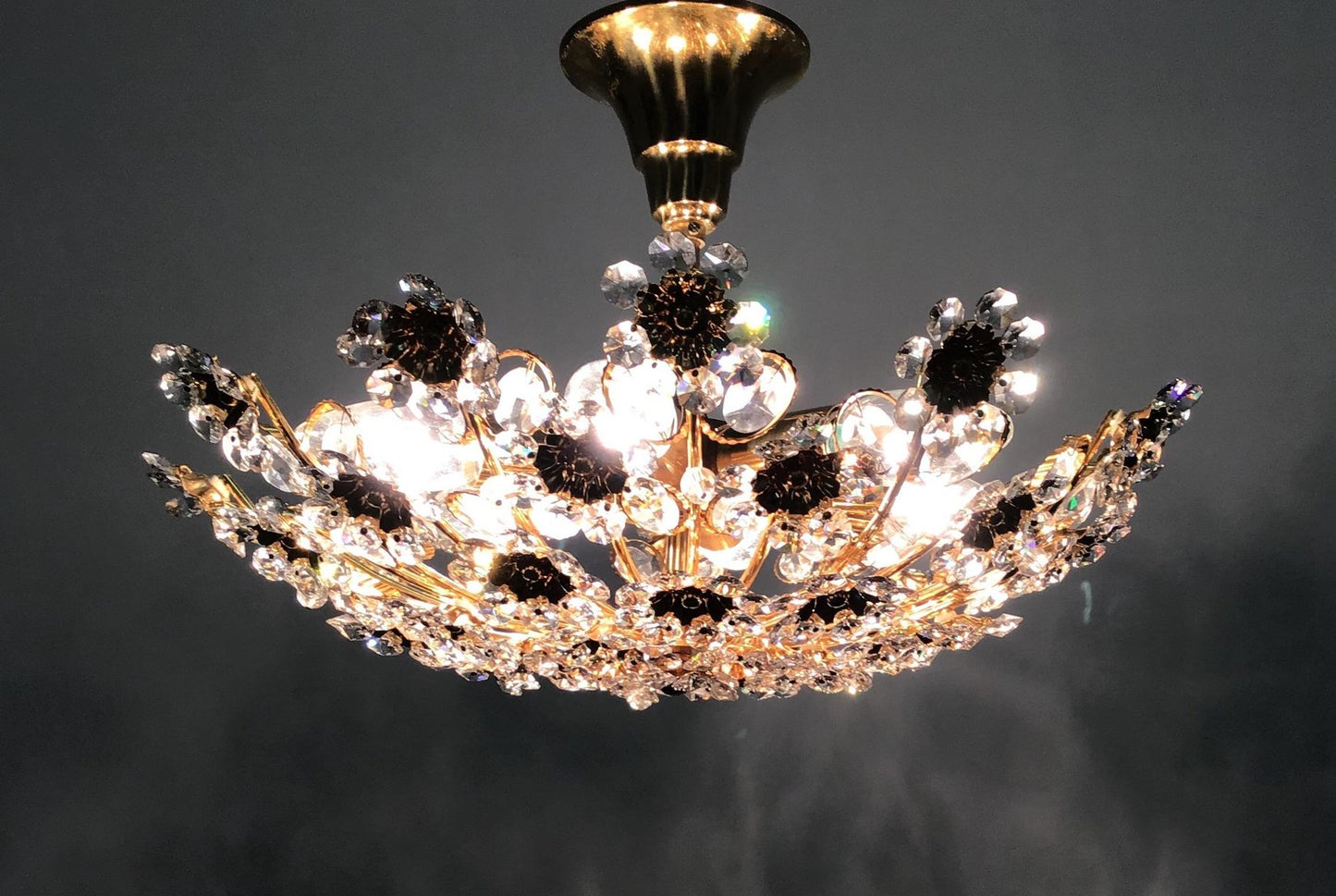 Gilt Brass & Crystal Flower Chandelier from Palwa, 1960s