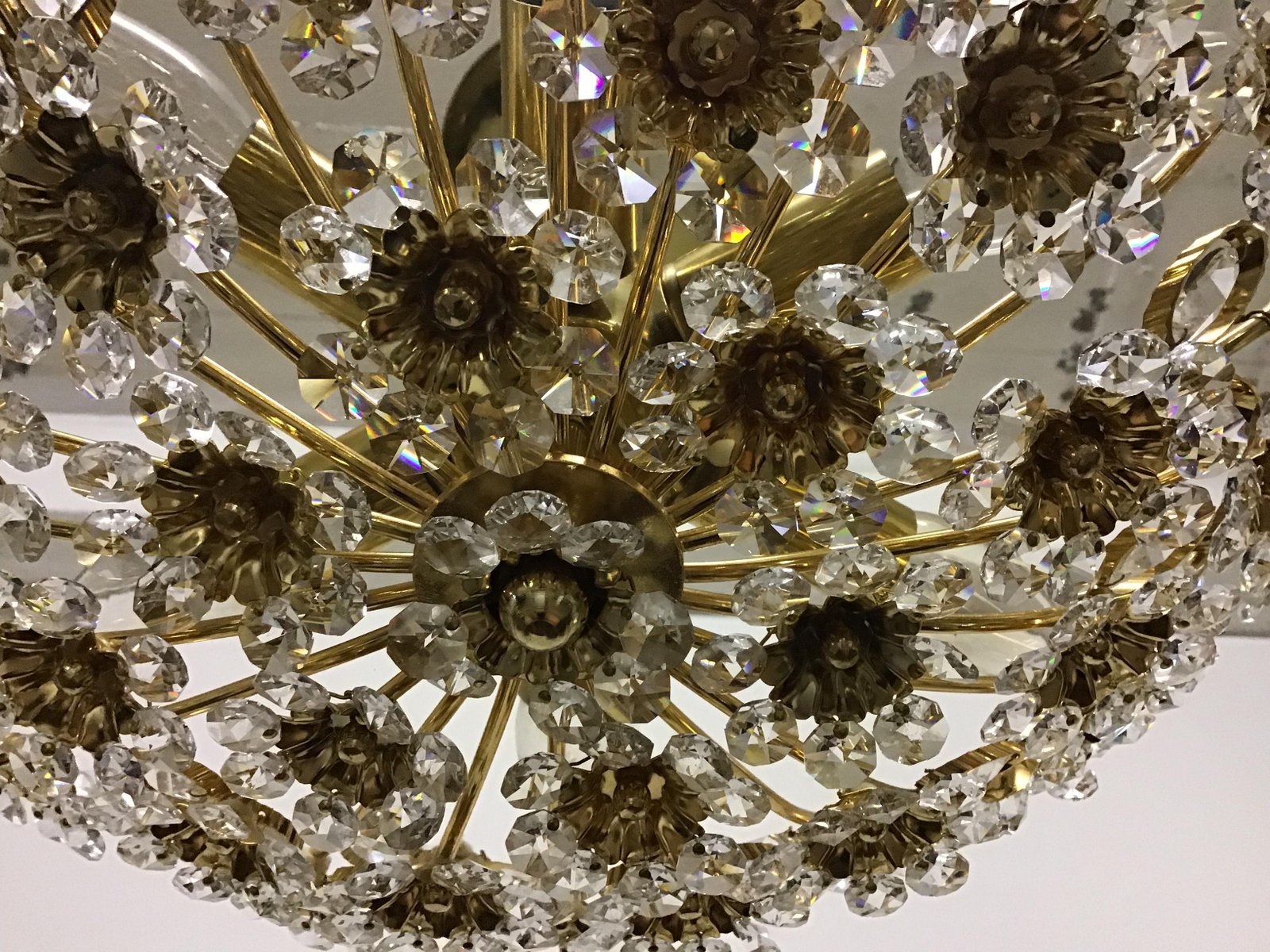 Gilt Brass & Crystal Flower Chandelier from Palwa, 1960s