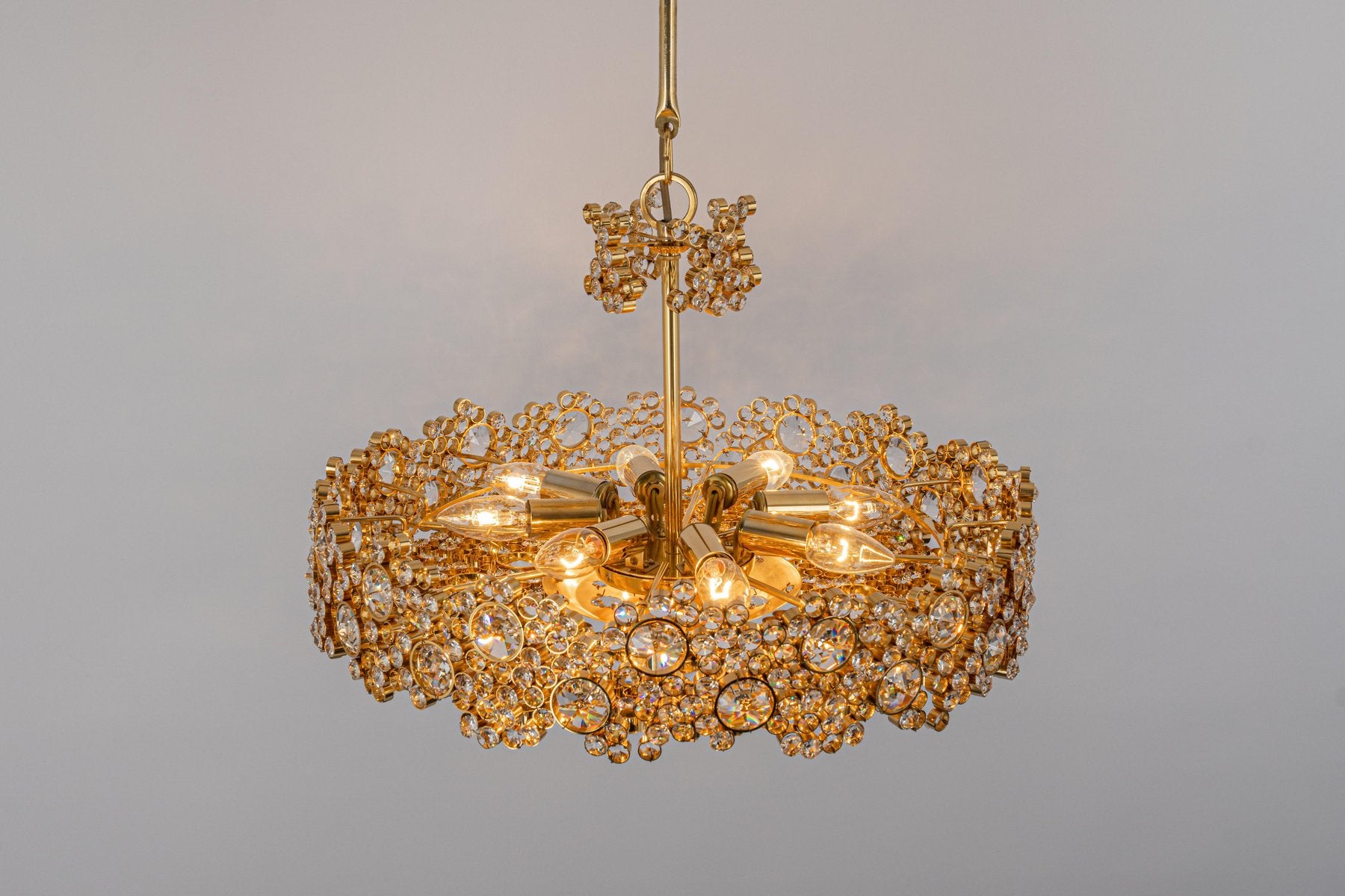 Gilt Brass & Crystal Glass Encrusted Chandelier from Palwa, Germany, 1970s