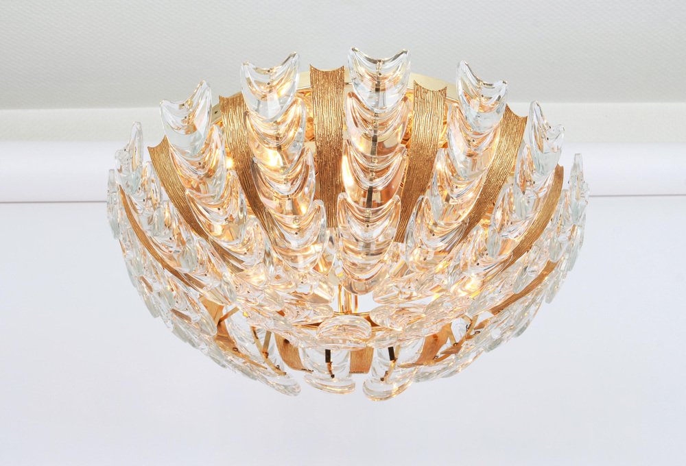 Gilt Brass Crystal-Glass Flower Chandelier by Palwa, Germany, 1970s