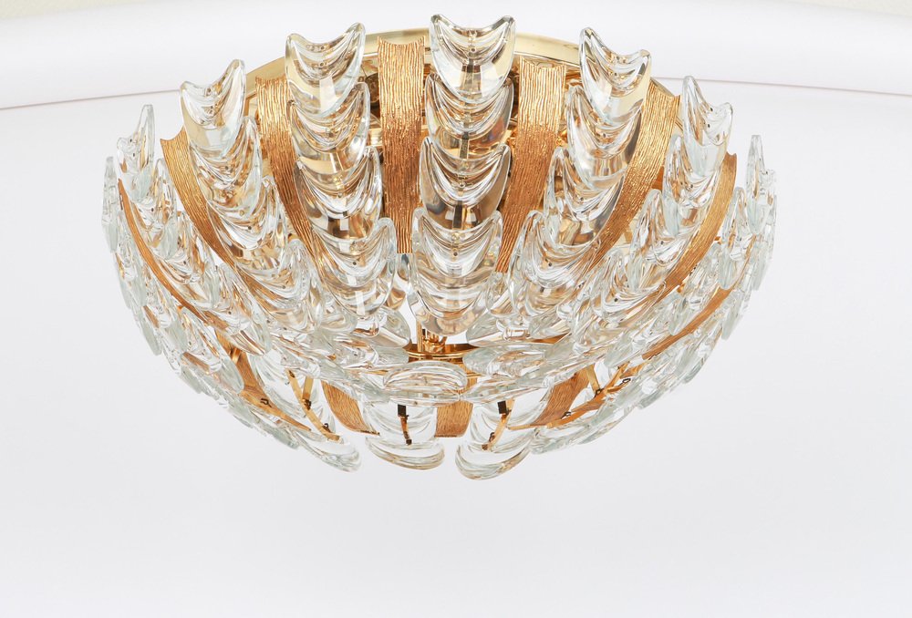 Gilt Brass Crystal-Glass Flower Chandelier by Palwa, Germany, 1970s