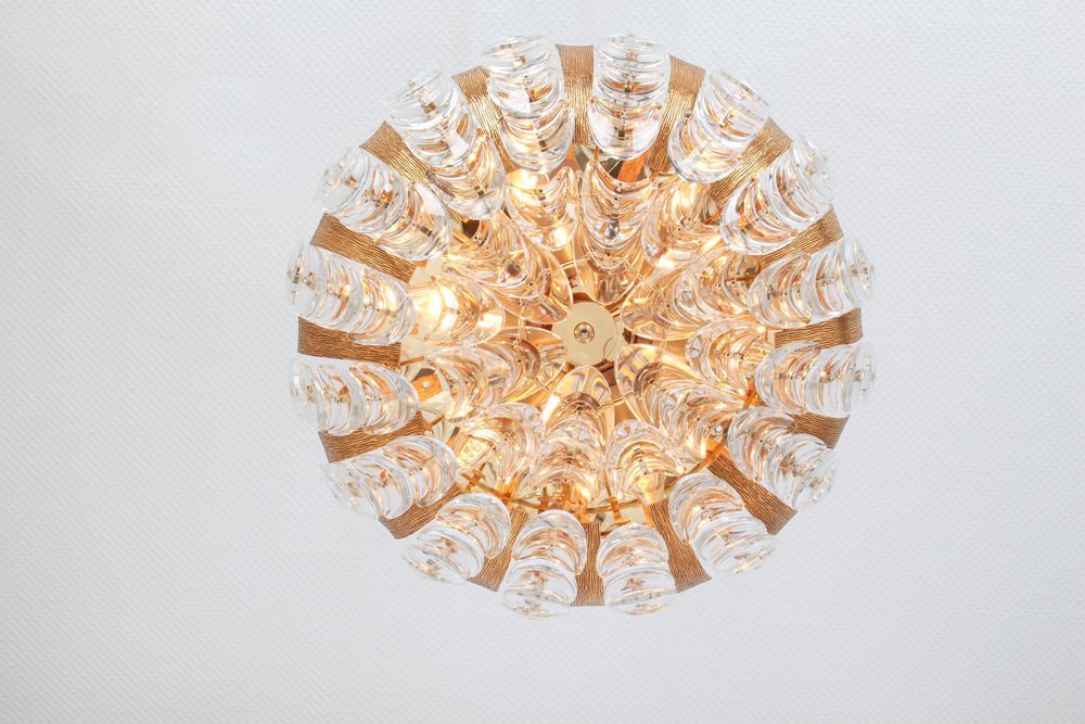 Gilt Brass Crystal-Glass Flower Chandelier by Palwa, Germany, 1970s