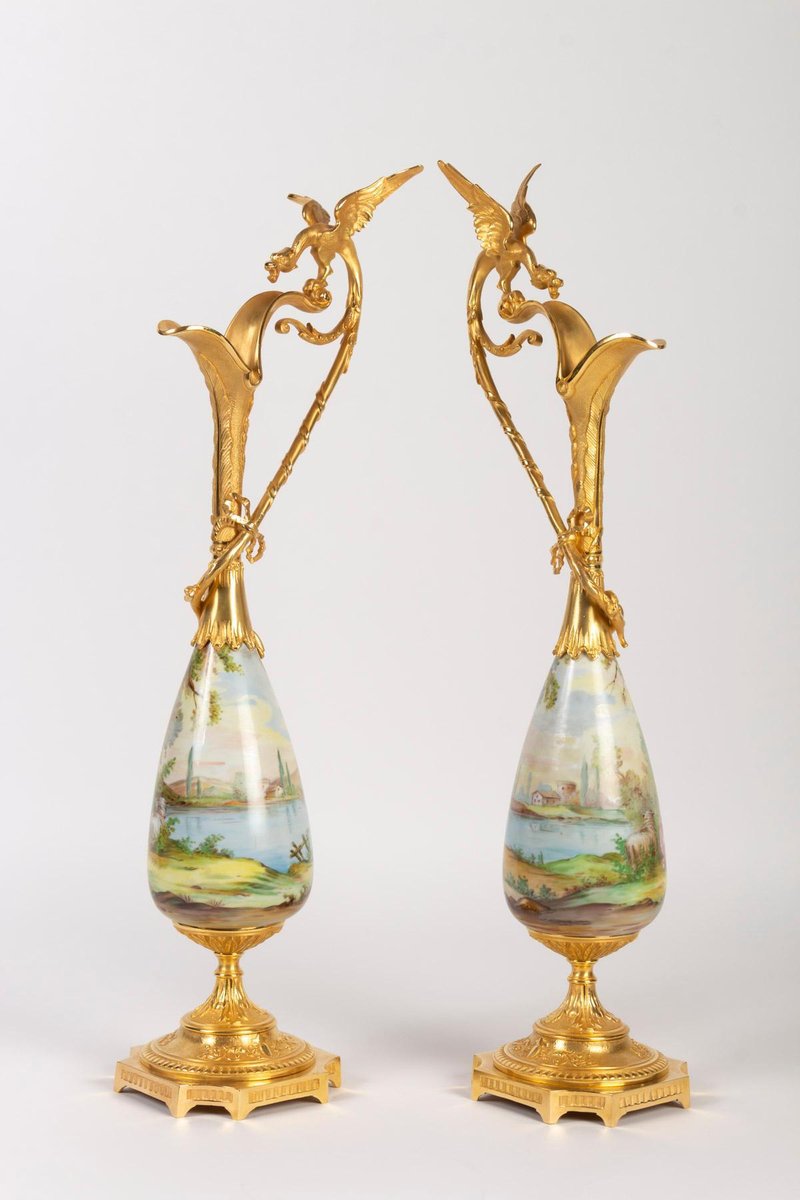 Gilt Bronze and Porcelain Ewers Topped with a Winged Dragon, Set of 2