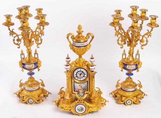 Gilt Bronze and Porcelain Mantel Set, Late 19th-Century, Set of 3