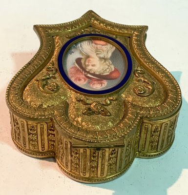 Gilt Bronze Box With Miniature Woman With Hat & Blue Enamel Border-IKW-796699