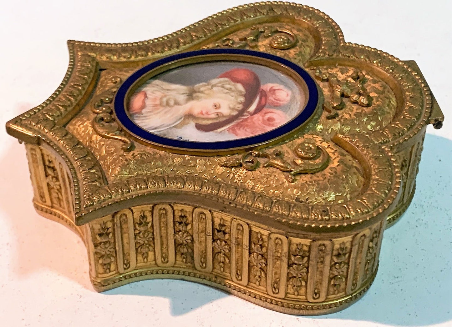 Gilt Bronze Box With Miniature Woman With Hat & Blue Enamel Border