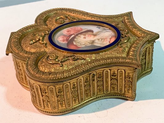 Gilt Bronze Box With Miniature Woman With Hat & Blue Enamel Border-IKW-796699