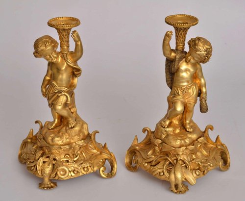 Gilt Bronze Candlesticks, Set of 2