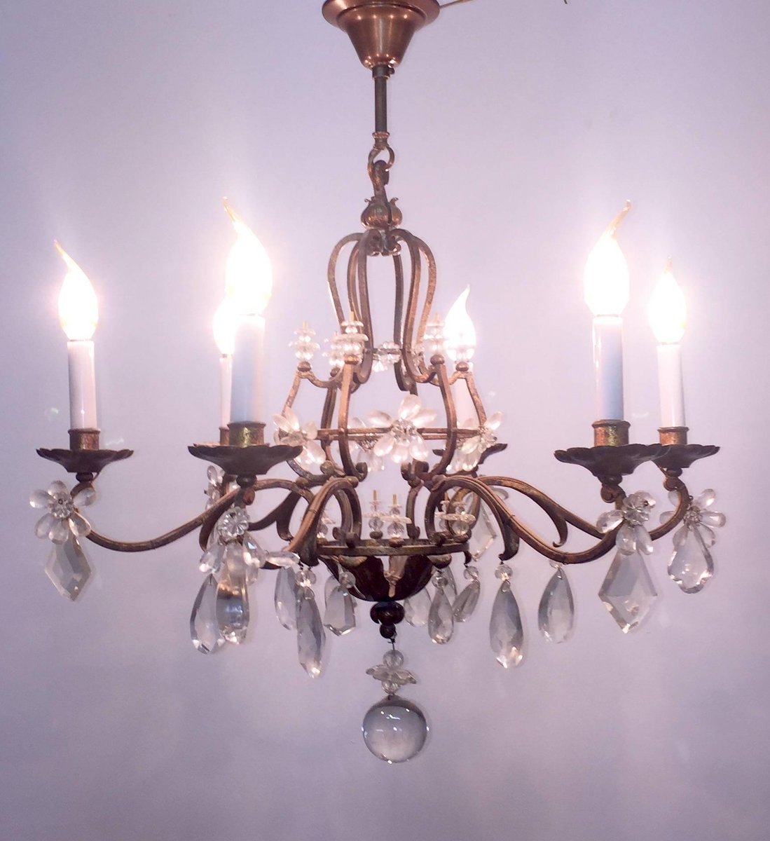 Gilt Iron and Crystal Chandelier from Maison Baguès, 1940s