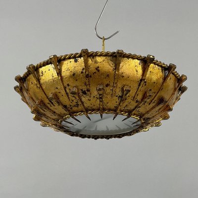 Gilt Iron & Frosted Glass Sunburst Flush Mount, Spain, 1950s-OE-2028676