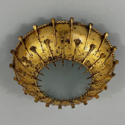 Gilt Iron & Frosted Glass Sunburst Flush Mount, Spain, 1950s-OE-2028676