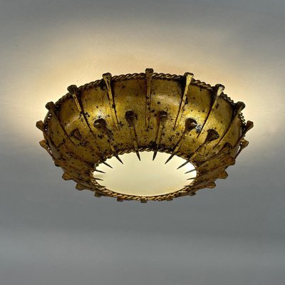 Gilt Iron & Frosted Glass Sunburst Flush Mount, Spain, 1950s-OE-2028676