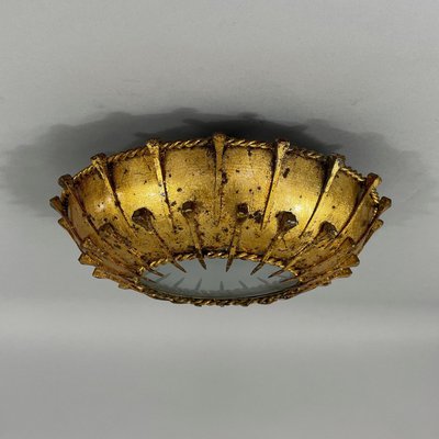 Gilt Iron & Frosted Glass Sunburst Flush Mount, Spain, 1950s-OE-2028676