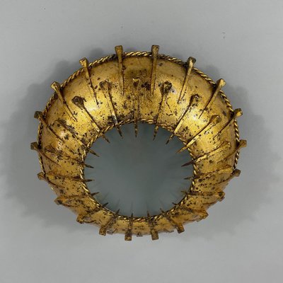 Gilt Iron & Frosted Glass Sunburst Flush Mount, Spain, 1950s-OE-2028676