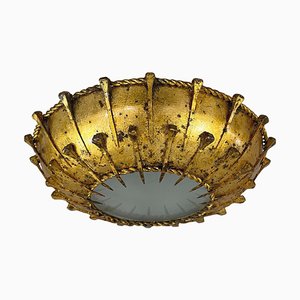 Gilt Iron & Frosted Glass Sunburst Flush Mount, Spain, 1950s-OE-2028676