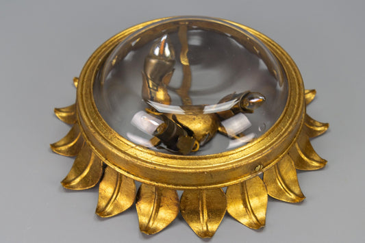 Gilt Metal and Clear Glass Sunburst Shaped Flush Mount or Wall Light, 1950s