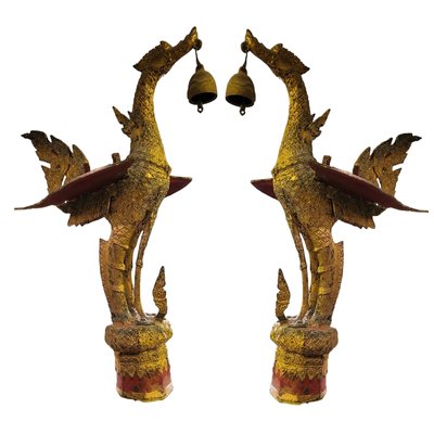 Gilt Metal Dragon Sculptures with Bells, Set of 2-TCS-1737366