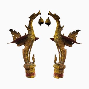 Gilt Metal Dragon Sculptures with Bells, Set of 2-TCS-1737366