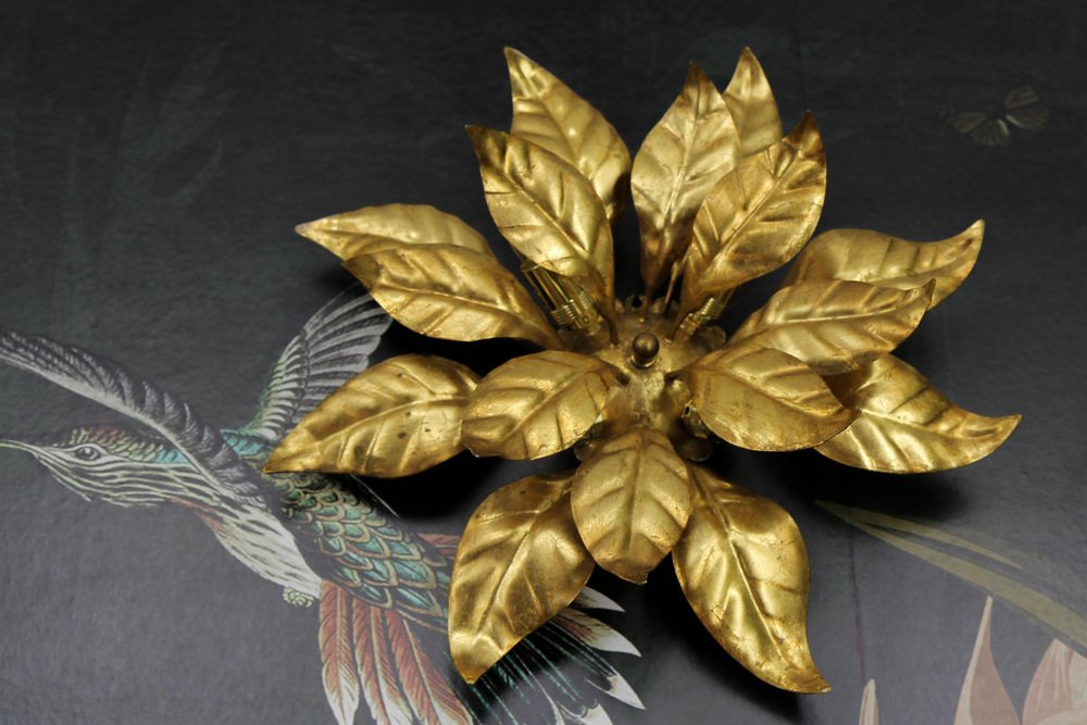 Gilt Metal Flower Shaped Four-Light Wall or Ceiling Lamp by Hans Kögl, 1970s