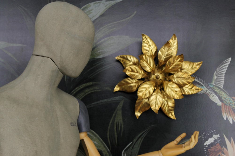 Gilt Metal Flower Shaped Four-Light Wall or Ceiling Lamp by Hans Kögl, 1970s