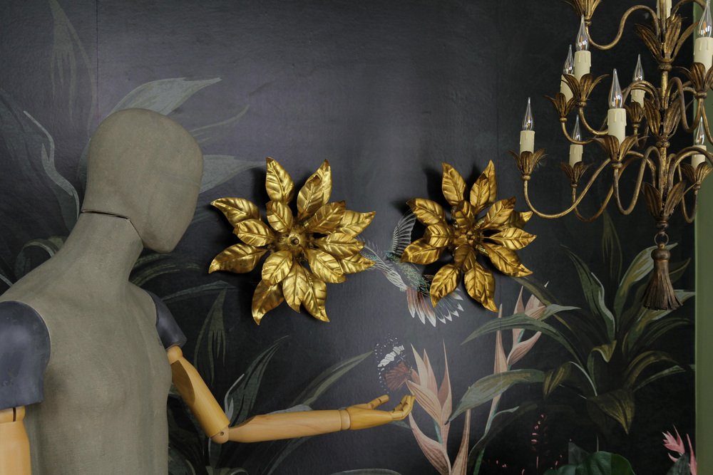 Gilt Metal Flower Shaped Four-Light Wall or Ceiling Lamp by Hans Kögl, 1970s