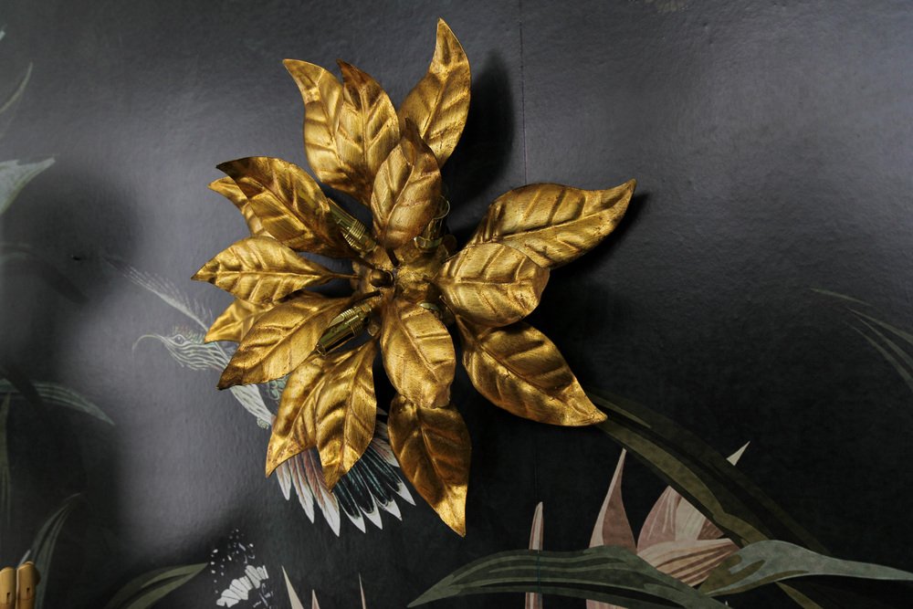 Gilt Metal Flower Shaped Four-Light Wall or Ceiling Lamp by Hans Kögl, 1970s