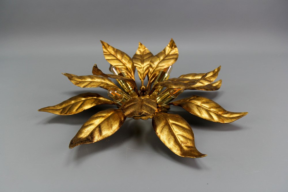 Gilt Metal Flower Shaped Four-Light Wall or Ceiling Lamp by Hans Kögl, 1970s