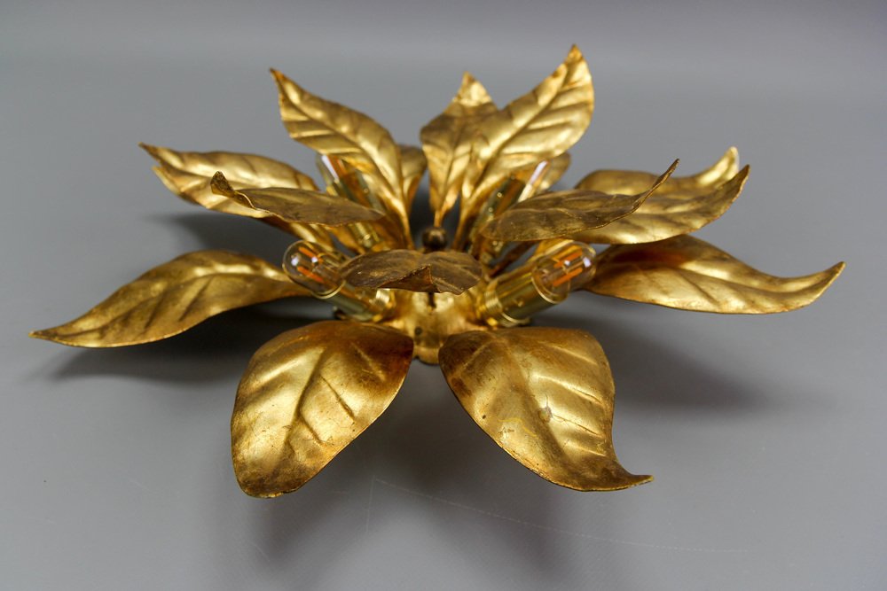 Gilt Metal Flower Shaped Four-Light Wall or Ceiling Lamp by Hans Kögl, 1970s