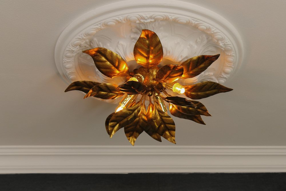 Gilt Metal Flower Shaped Four-Light Wall or Ceiling Lamp by Hans Kögl, 1970s