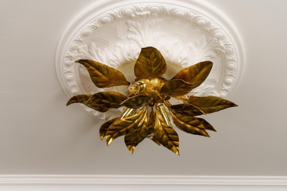 Gilt Metal Flower Shaped Four-Light Wall or Ceiling Lamp by Hans Kögl, 1970s