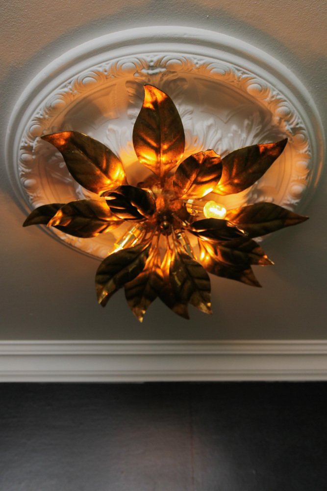 Gilt Metal Flower Shaped Four-Light Wall or Ceiling Lamp by Hans Kögl, 1970s