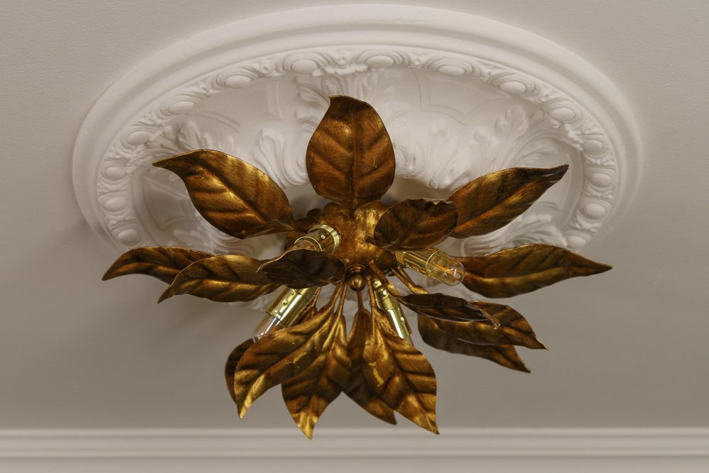 Gilt Metal Flower Shaped Four-Light Wall or Ceiling Lamp by Hans Kögl, 1970s