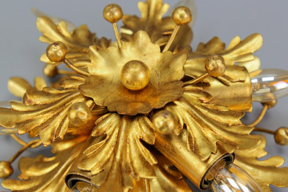 Gilt Metal Leaf Motif Six-Light Flush Mount by Hans Möller, 1970s