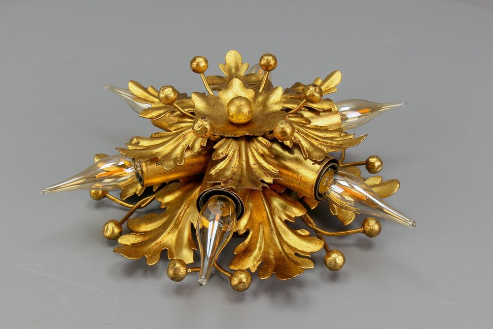 Gilt Metal Leaf Motif Six-Light Flush Mount by Hans Möller, 1970s