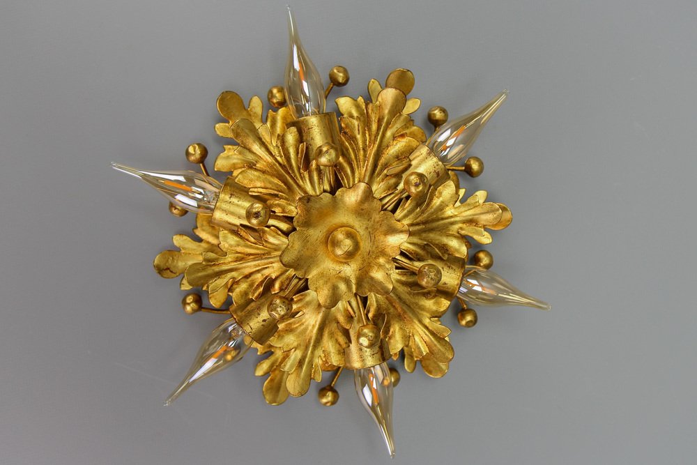 Gilt Metal Leaf Motif Six-Light Flush Mount by Hans Möller, 1970s