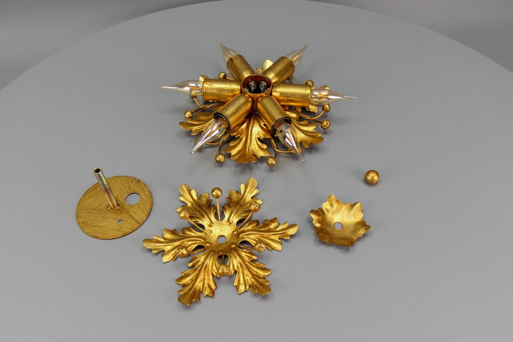 Gilt Metal Leaf Motif Six-Light Flush Mount by Hans Möller, 1970s