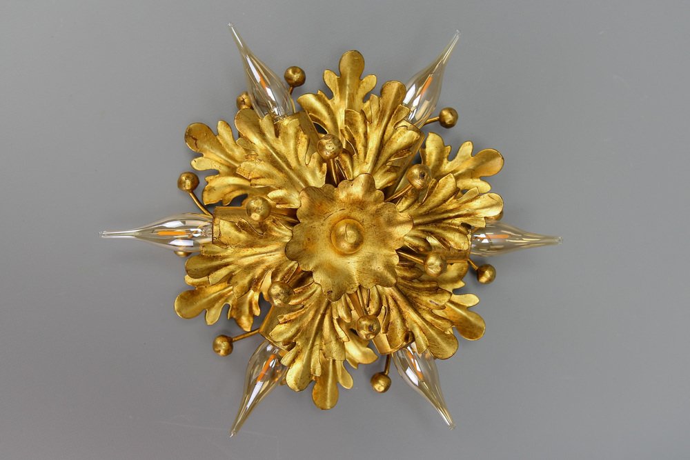 Gilt Metal Leaf Motif Six-Light Flush Mount by Hans Möller, 1970s