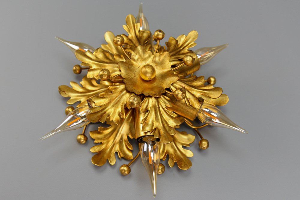 Gilt Metal Leaf Motif Six-Light Flush Mount by Hans Möller, 1970s