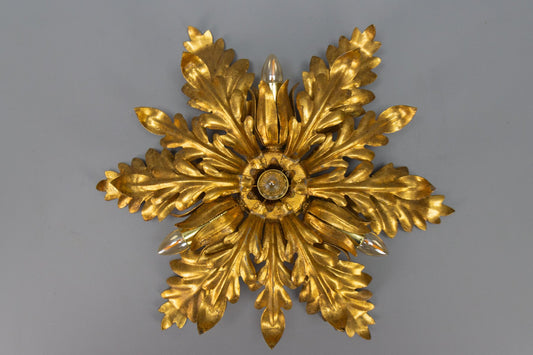 Gilt Metal Leafed Sunburst-Shaped Four-Light Flush Mount, 1970s