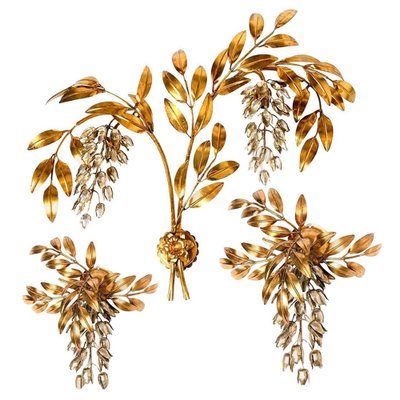 Gilt Metal Palm Tree Wall Sconces in Maison Jansen Style, 1960s, Set of 3-VDW-956761