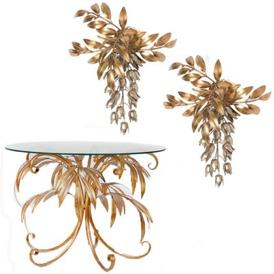 Gilt Metal Palm Tree Wall Sconces in Maison Jansen Style, 1960s, Set of 3-VDW-956761