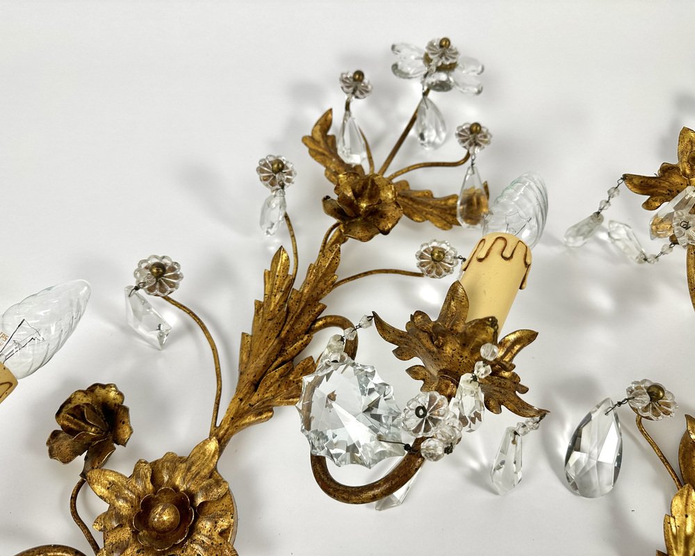 Gilt Metal Sconces with Crystal Flowers from Banci Firenze, Italy, 1950s, Set of 2