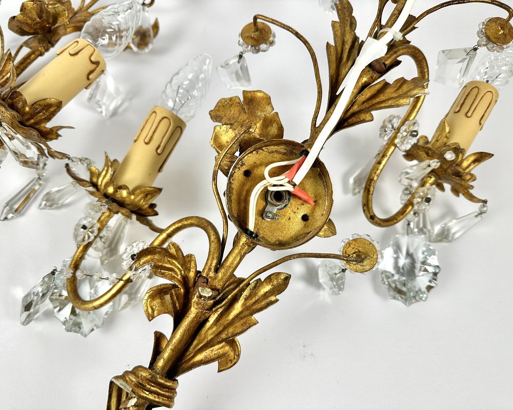 Gilt Metal Sconces with Crystal Flowers from Banci Firenze, Italy, 1950s, Set of 2