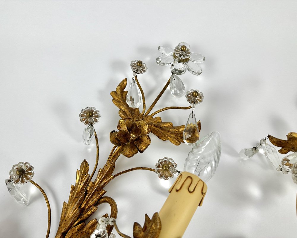 Gilt Metal Sconces with Crystal Flowers from Banci Firenze, Italy, 1950s, Set of 2